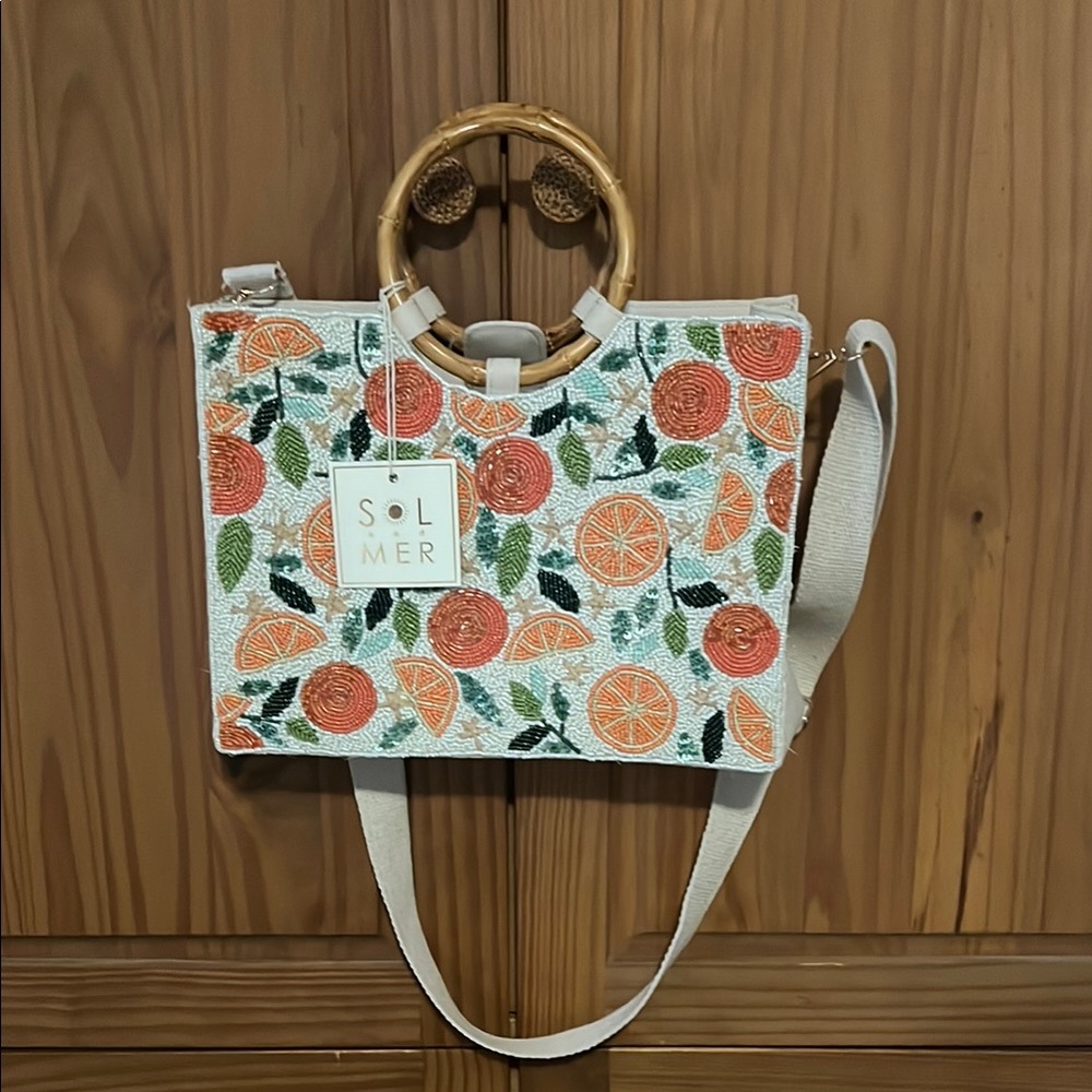 Viral SOL and MER Orange Beaded Bamboo Handle Tote Bag